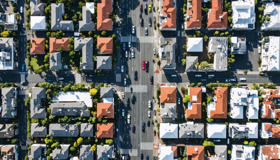 Aerial view of suburban sprawl transitioning to dense urban development in Australian city