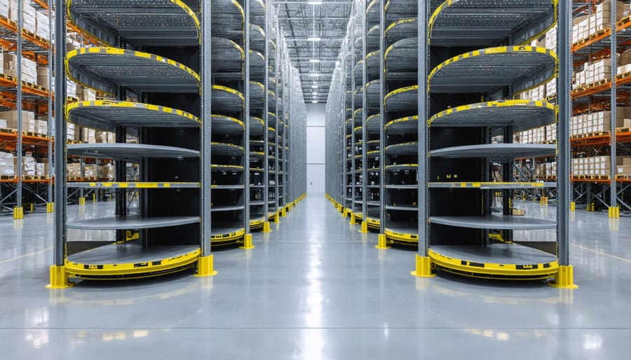 Automated vertical carousel storage system for small items in warehouse setting