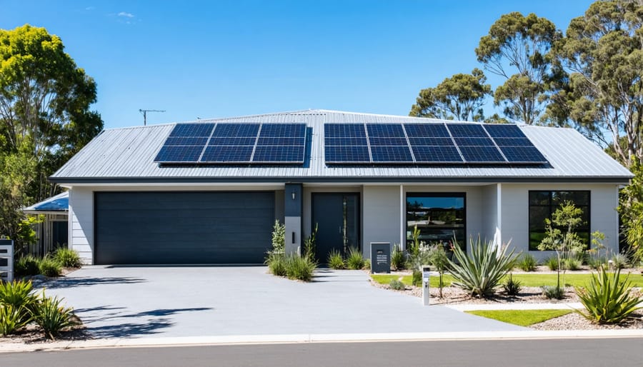 Contemporary Australian home with extensive solar panel installation on roof and native landscaping