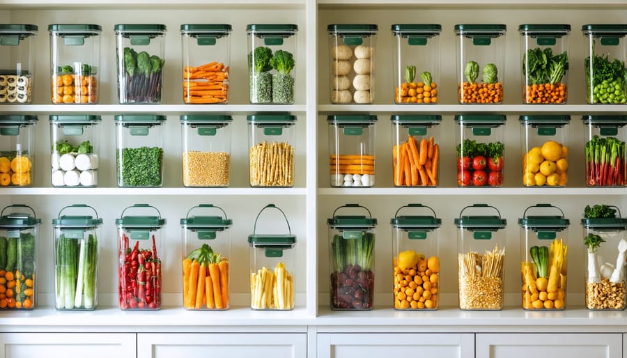 Hands holding glass jars and cloth bags filled with bulk grains, pasta, and legumes