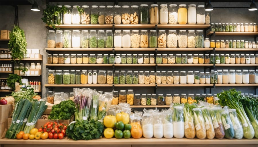 Customer filling reusable bag with bulk pasta at zero-waste grocery store