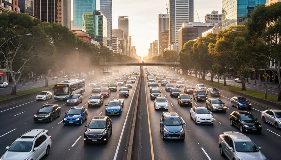 Heavy traffic congestion on Australian urban highway during morning commute