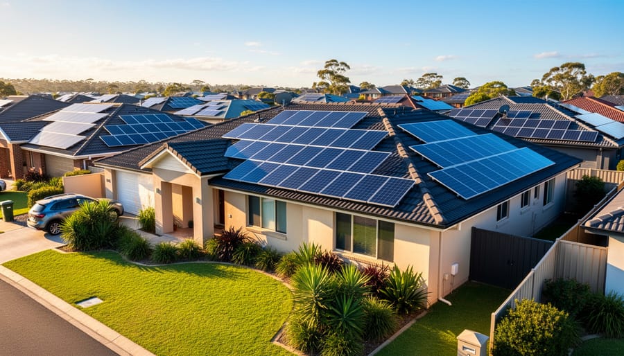 Solar panels installed on Australian suburban home roof with eucalyptus trees in background