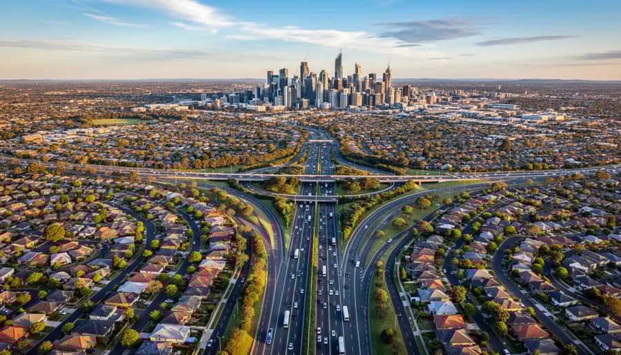 Aerial view of sprawling Australian suburban neighborhoods extending toward distant city skyline