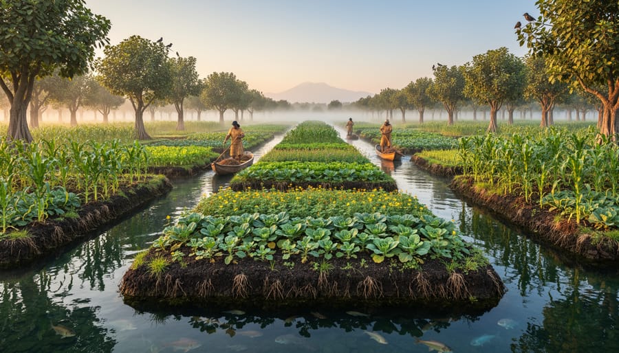 Aerial view of traditional chinampa floating garden system with rectangular raised beds and water channels