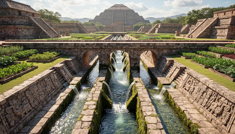 Ancient stone water channel with flowing water demonstrating historical water management techniques