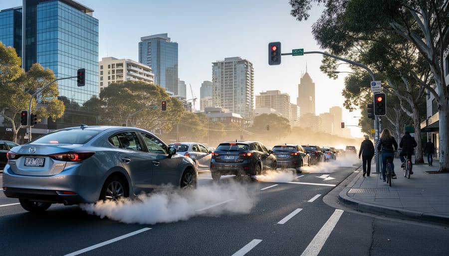 Close-up of car exhaust pipe with visible emissions vapor