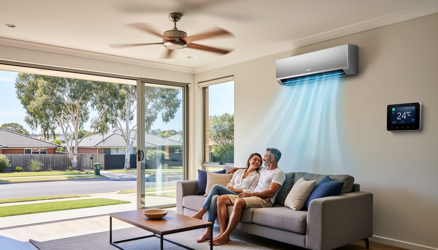 Australian home exterior showing air conditioning unit and ceiling fan through window