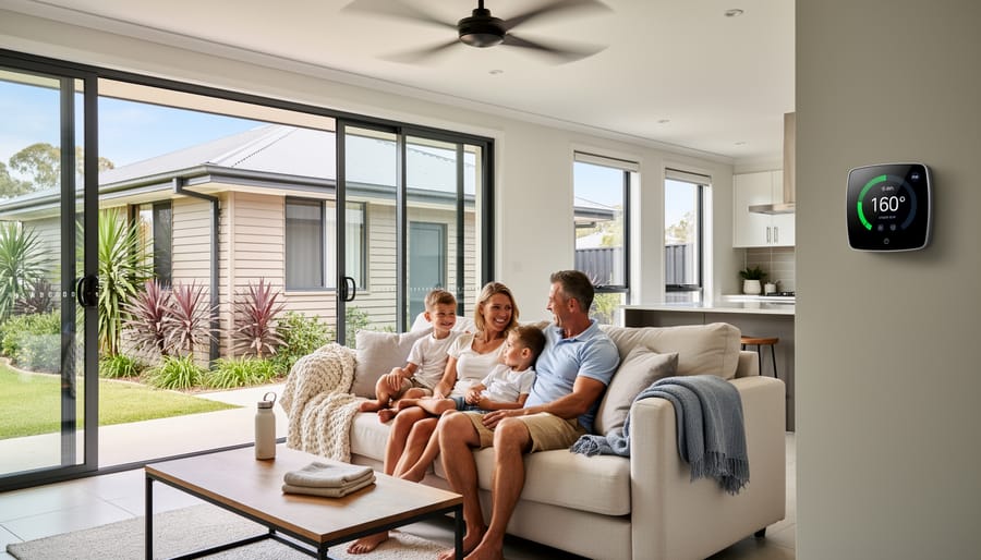 Australian family relaxing comfortably together in modern air-conditioned living room