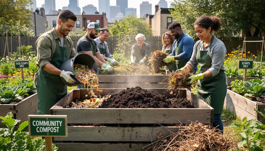 Hands holding dark compost with earthworms above green organics recycling bin