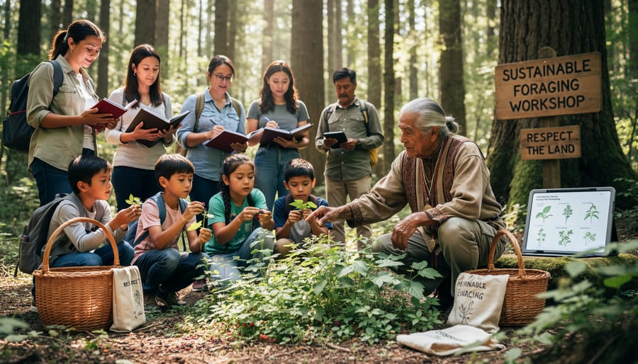 Group of people learning about sustainable foraging practices from indigenous guide in Australian forest