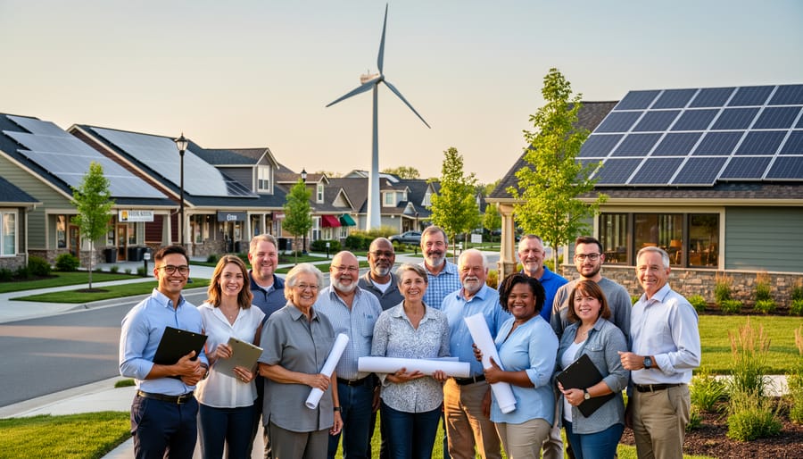 Community volunteers installing solar panels on residential rooftop