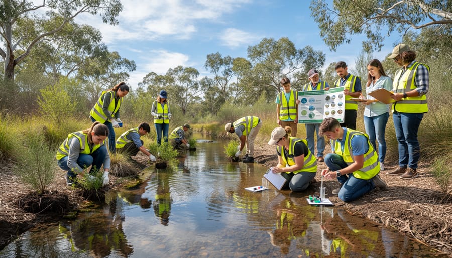 Diverse group of community volunteers planting native vegetation along Australian creek bank