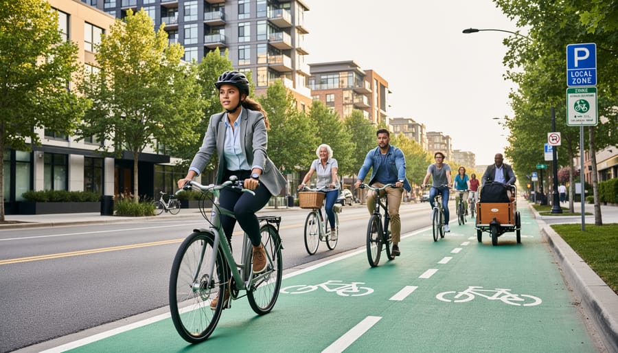 Commuters cycling on dedicated bike lane during morning commute