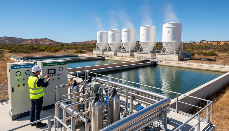 Modern data centre building with large cooling towers releasing water vapor