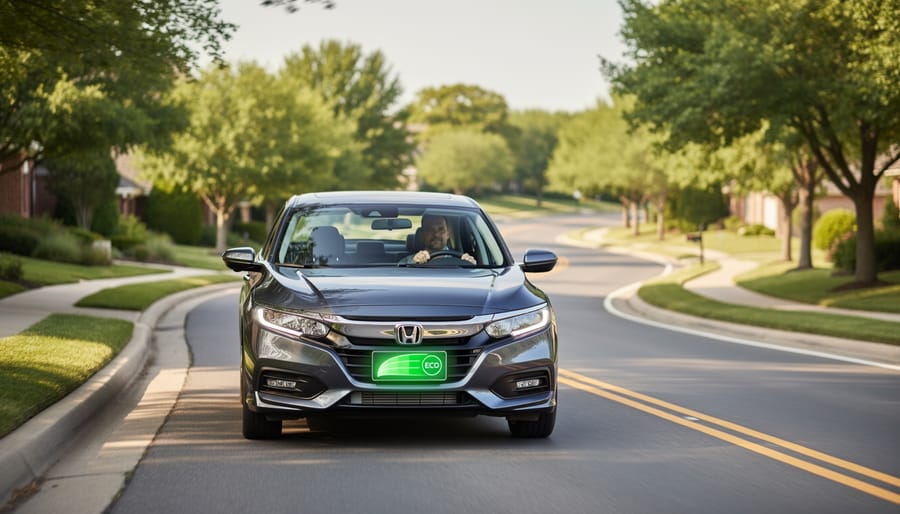 Driver's hands on steering wheel demonstrating efficient driving technique