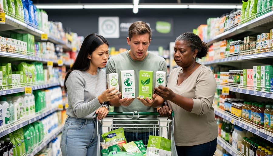 Woman comparing product labels while shopping in supermarket aisle