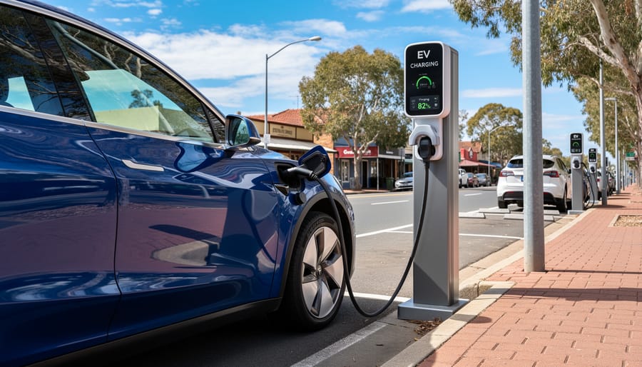Electric vehicle charging at public station in Australian suburban environment