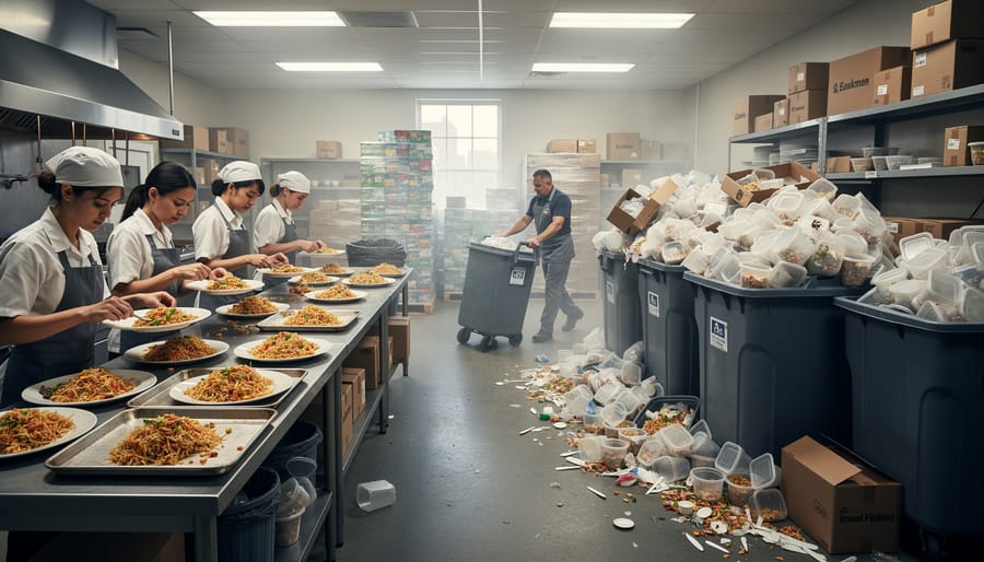 Overflowing commercial kitchen waste bins filled with food scraps and packaging in industrial kitchen