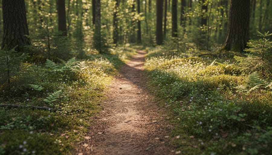 Hiking boot on forest trail showing soil compaction and crushed vegetation