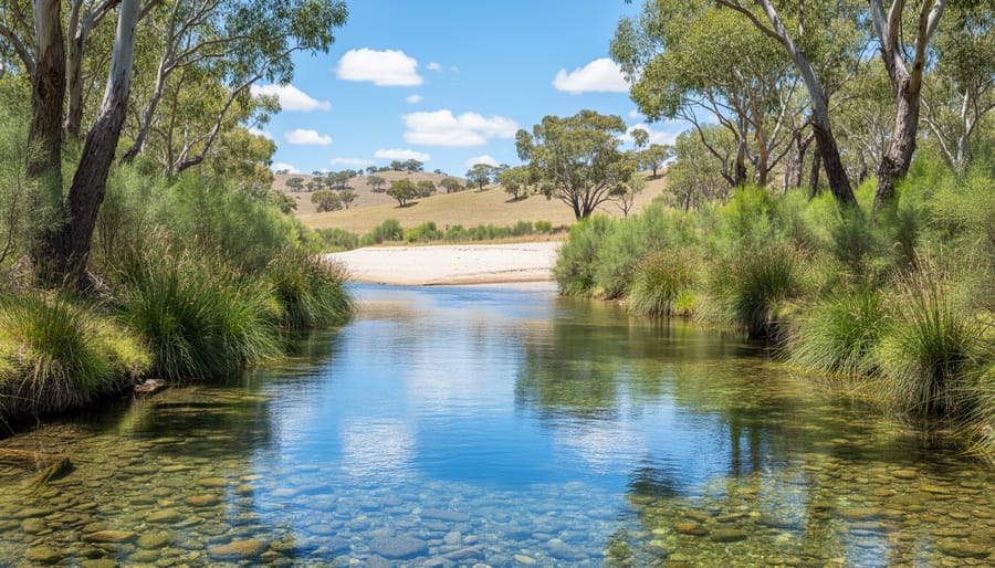 Clear Australian creek with rocky bottom and native eucalyptus trees along banks