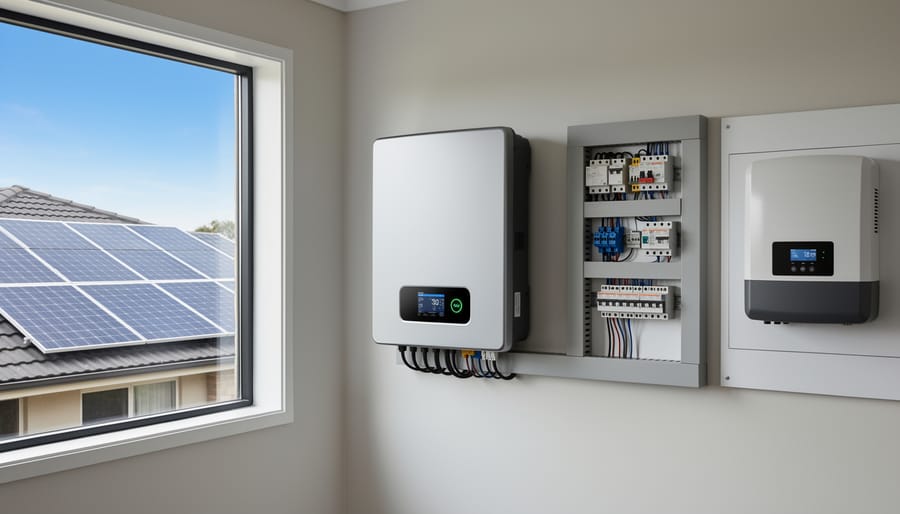 Home battery storage system installed on residential garage wall