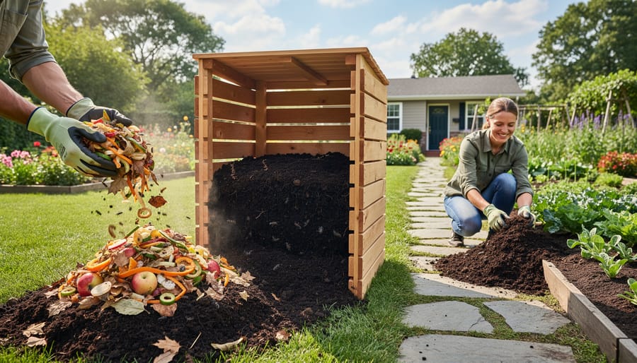 Close-up of rich compost with visible organic matter held in hands