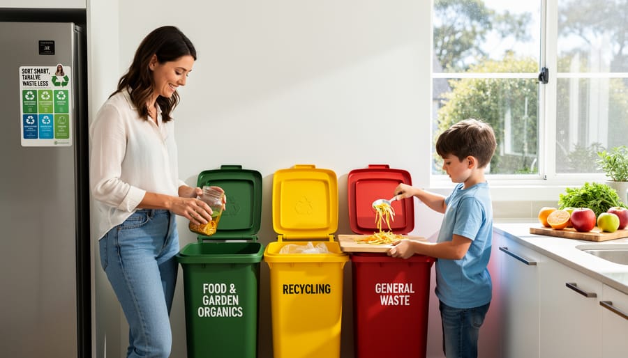 Family hands sorting recyclable materials into separate containers on kitchen counter