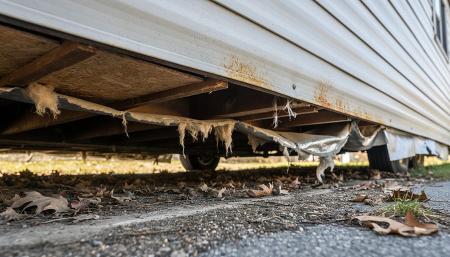 Underside view of mobile home showing metal frame and underfloor construction