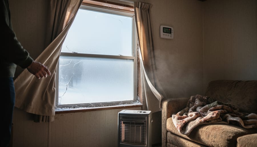 Close-up of mobile home window frame showing gaps and worn weather stripping