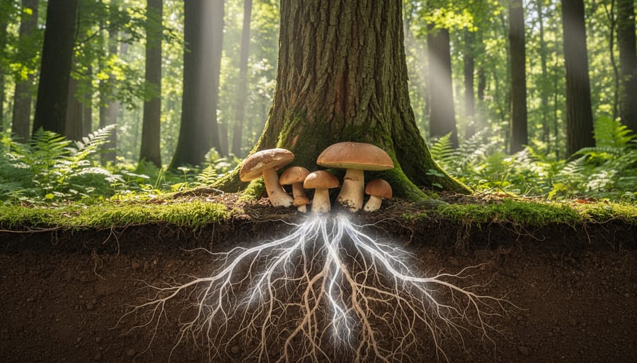 Close-up of mycorrhizal fungal network with white threads connecting tree roots in forest soil