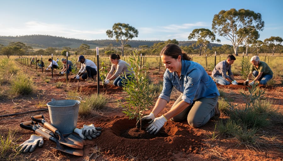 Hands planting native Australian tree seedling in soil during community reforestation project