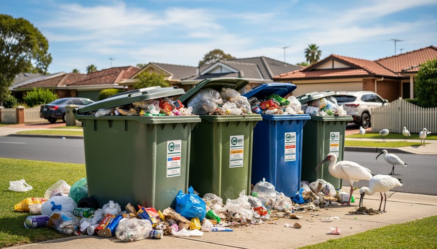 Overflowing wheelie bins with excess waste bags on Australian suburban street