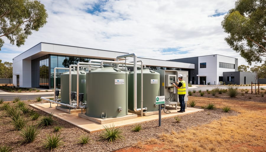 Rainwater collection system on data centre rooftop with solar panels and Australian landscape