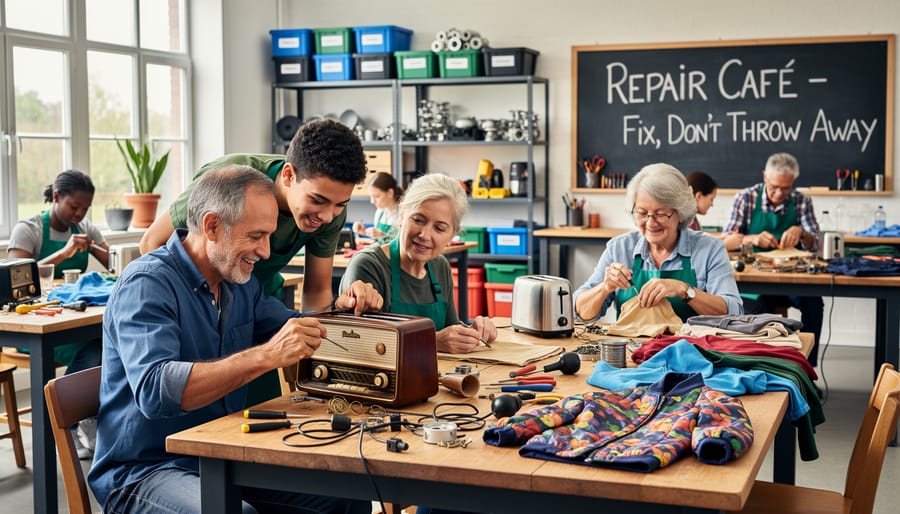 Volunteers repairing electronics and household items at community repair cafe workshop