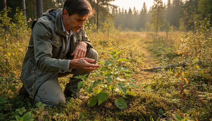 Forager's hands carefully examining native plant leaves in Australian forest without picking