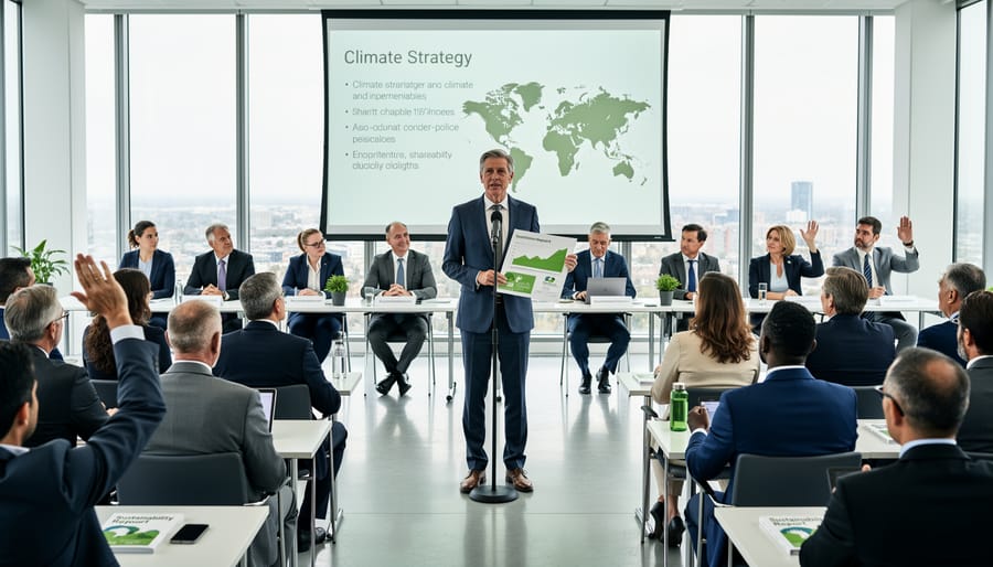 Shareholders voting at annual general meeting with raised hands