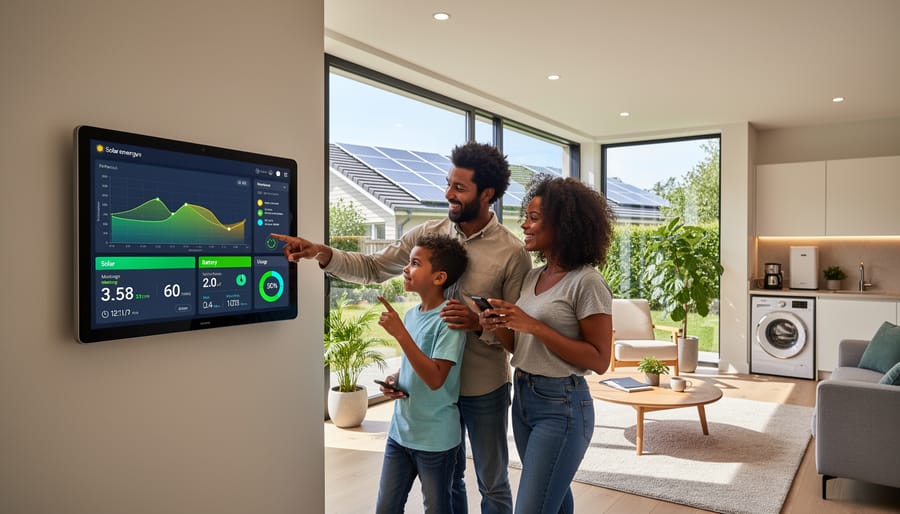 Person using smartphone energy monitoring app in modern Australian home