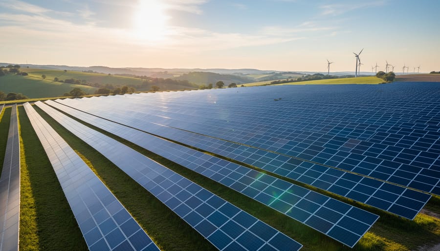 Large-scale solar panel farm in Australian landscape with native trees