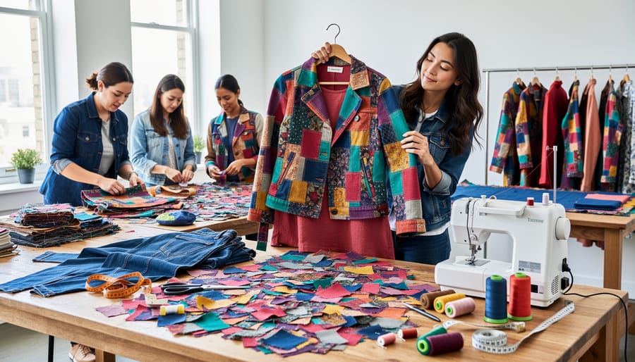 Hands sorting colorful fabric scraps and textile waste on workshop table for upcycling