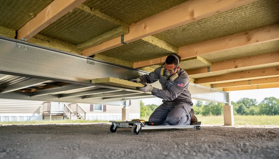 Worker installing reflective insulation underneath a mobile home