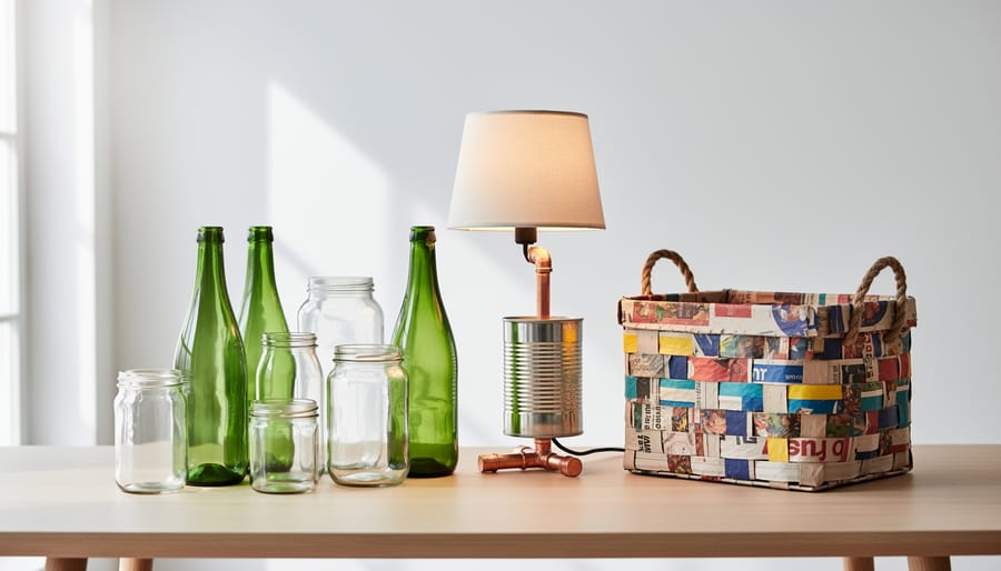 Upcycled denim bag and reclaimed wood furniture piece displayed on wooden table