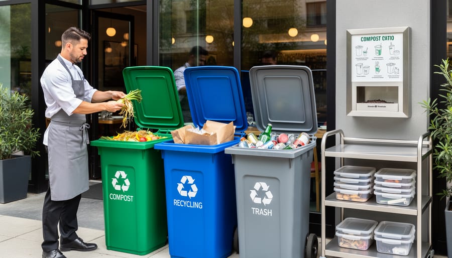 Kitchen worker sorting organic food waste into composting bins in commercial setting