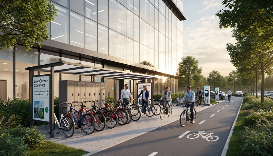 Secure bike parking facility with multiple bicycles at modern office building