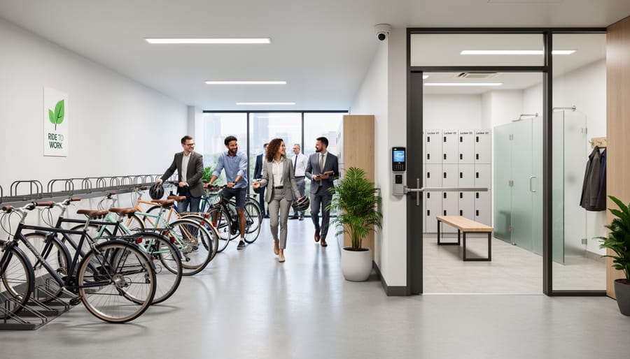 Office worker with bicycle at workplace bike storage facility