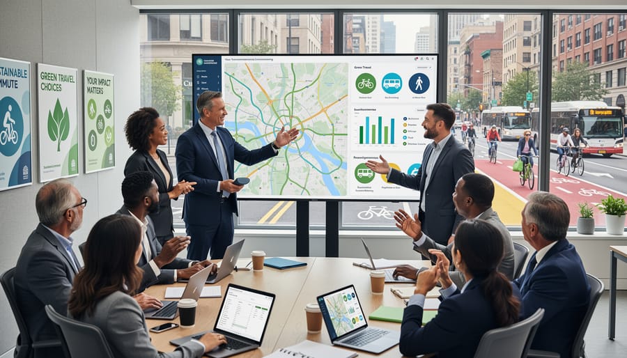 Business team collaborating on workplace policy development in modern office