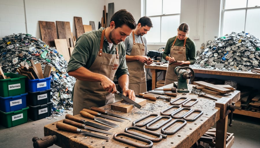 Artisan's hands crafting custom door handle from recycled brass using traditional metalworking tools