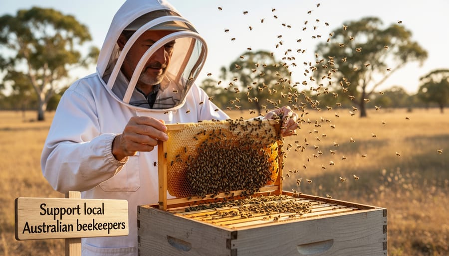Beekeeper in protective suit inspecting honeycomb frame with bees in Australian eucalyptus setting