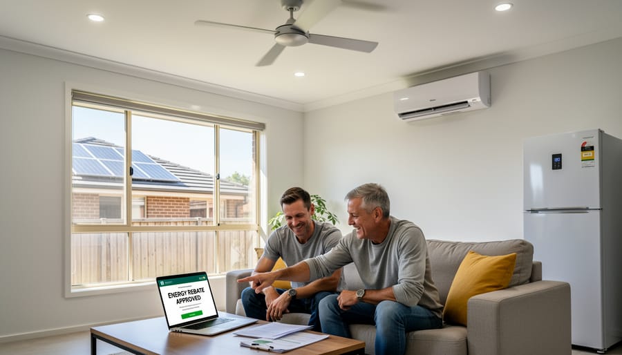 Australian money and smartphone showing energy rebate information on table
