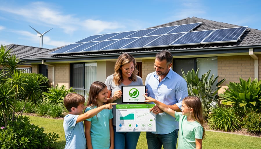 Australian family researching sustainable energy options at home with renewable energy visible